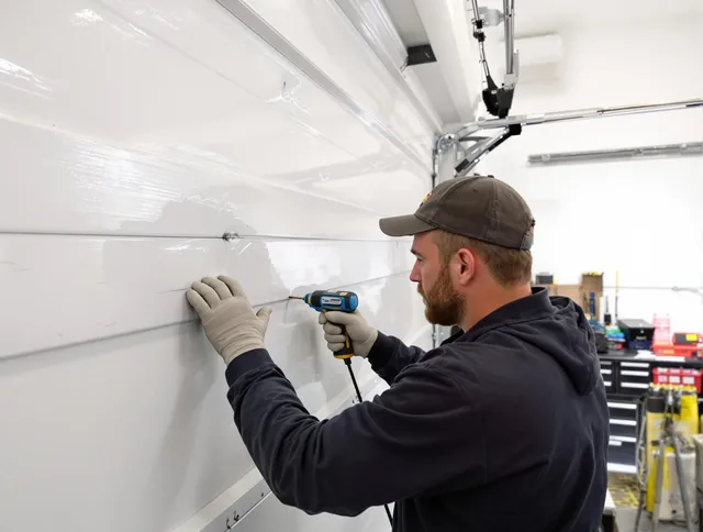 University Heights Garage Door Repair technician demonstrating precision dent removal techniques on a University Heights garage door