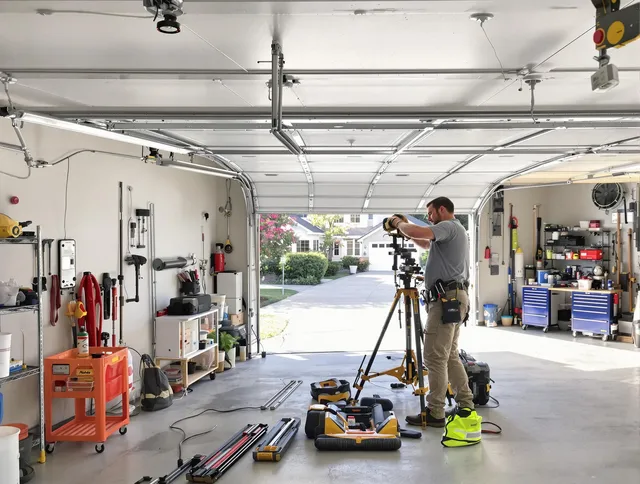 University Heights Garage Door Repair specialist performing laser-guided track alignment in University Heights